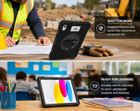 CODi Rugged iPad 11" A16 / iPad 10.9" 10th Generation Case, Asset Tag Window, Drop-Test Protective Tablet Cover with Rotating Kickstand, Hand Strap, Shoulder Strap, 360° Protection, Black (10) in Saudi Arabia