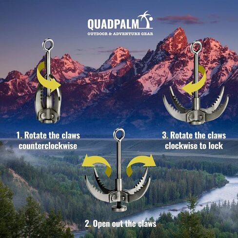 Stainless Steel Foldable Grappling Hook – Multifunctional QUADPALM Grapple Hook - 4 Stainless Steel Folding Claws - Heavy Duty - Outdoor Camping Hiking Tree Rock Mountain Climbing Equipment in Kuwait
