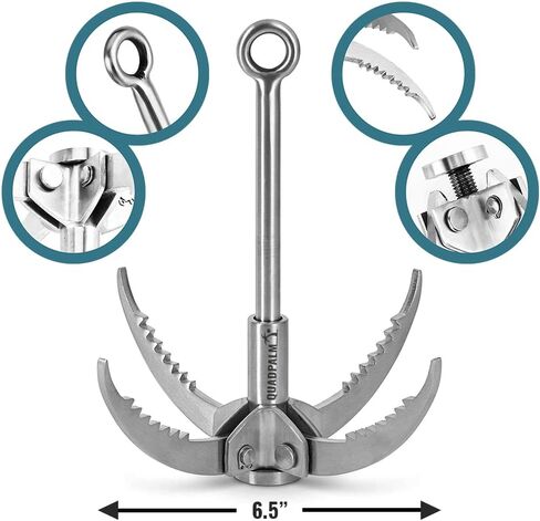 Stainless Steel Foldable Grappling Hook – Multifunctional QUADPALM Grapple Hook - 4 Stainless Steel Folding Claws - Heavy Duty - Outdoor Camping Hiking Tree Rock Mountain Climbing Equipment in Kuwait