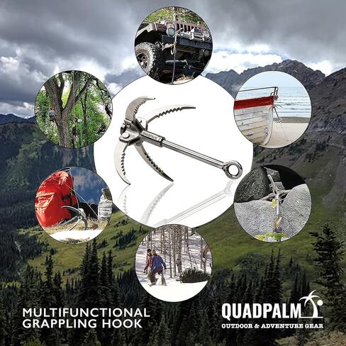 Stainless Steel Foldable Grappling Hook – Multifunctional QUADPALM Grapple Hook - 4 Stainless Steel Folding Claws - Heavy Duty - Outdoor Camping Hiking Tree Rock Mountain Climbing Equipment in Kuwait