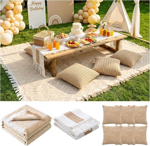 RYCHIC Extra Large Outdoor Rug Boho Picnic Blanket with Table Runner and 6 Throw Pillows Covers for Outdoor Essentials Beach Accessories Basket Set Oversized Manta Yard Outside Mat Wedding Party Decor in Kuwait