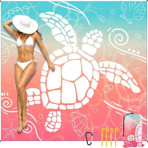 Beach Blanket Waterproof Sandproof 8 X 7 Ft Beach Mat 3–4 Adults Extra Large Outdoor Picnic Mat with Stakes & Travel Bag Foldable Beaches Essentials for Summer Outdoor Picnic (Teal Orange Sea Turtle) in Saudi Arabia