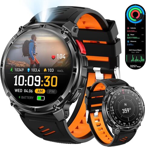 Mens Smart Watch for Android Phones and iPhone,Military Sport Smart Watches for Men Fitness Tracker Watch with Flashlight/Compass/Waterproof/100 Days Battery/Heart Rate/Sleep/100+ Sport Modes in Saudi Arabia