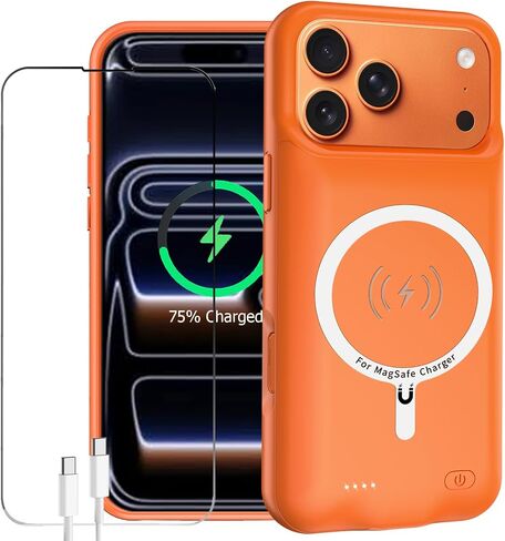 Battery Case for iPhone 17 Pro Max, Enhanced 12000mAh Portable Protective Wireless Charging Case Support Carplay Compatible with iPhone 17 Pro Max (6.9 inch) Rechargeable Battery Charger Cover(Orange) in Kuwait