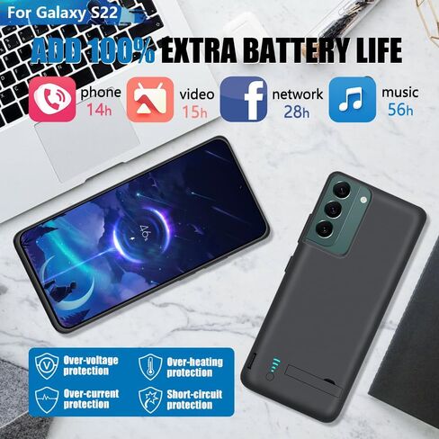 [2025 Version Battery Case for Samsung Galaxy S22, 4800mAh Rechargeable Extended Battery Charging/Charger Case, Add 100% Extra Juice (6.1 Inches) Black in Kuwait
