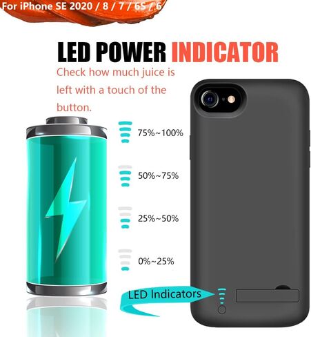 Battery Case for iPhone SE 2020/8 / 7 / 6S / 6, 5000mAh Rechargeable Extended Battery Charging Charger Case, Adds 2X Extra Juice (4.7 Inches) Black in Kuwait