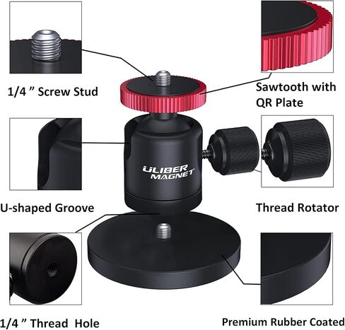 ULIBERMAGNET Magnetic Camera Mount, 80LB Heavy Duty Metal Car Adjustable Magnetic Mobile Camera Holder with Mini Ball Head,Strong Rubber Coated Magnet with 1/4’’-20 Male Thread Stud for GoPro in Kuwait
