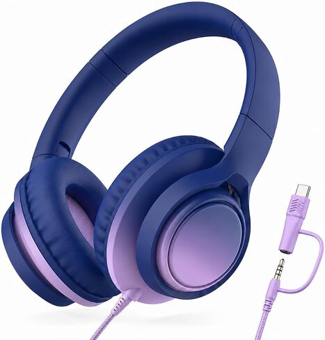 Kids Wired Headphones, 85/94dB, Mic, USB-C Adapter, Sky Blue | 85/94dB volume control, foldable over-ear design, built-in mic, 3.5mm jack, and USB-C adapter for school and travel. in Saudi Arabia