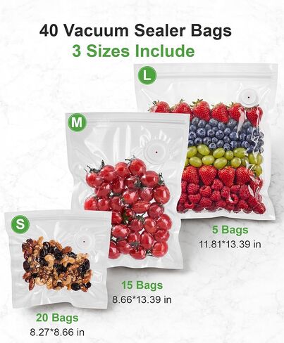JEETEE 40 Pcs Reusable Vacuum Sealer Bags for Food BPA-Free（20S+15M+5L) | Upgrade Air Valve Leak-Proof Food Storage Bags, Compatible with Handheld Vacuum Sealers for Meal Prep, Freezer, Sous Vide in Kuwait