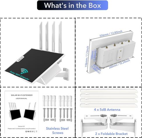 WiFi Extender Outdoor Solar Powered, WiFi Signal Booster E8 | 4 Antennas WiFi Repeater for Cameras,15W Solar & 27Ah Battery, Large Coverage for Yard, Farm, Garden, RV, Camping in Kuwait
