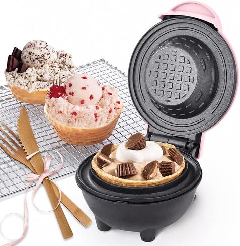 Mini Waffle Bowl Maker(Pink), 4'' Small Waffle Cup Machine for Ice Cream Sundaes, Taco Bowls & Desserts, 350W Fast Heating Non-Stick Wafflera, Compact Gift for Kids, Family & Breakfast in Saudi Arabia