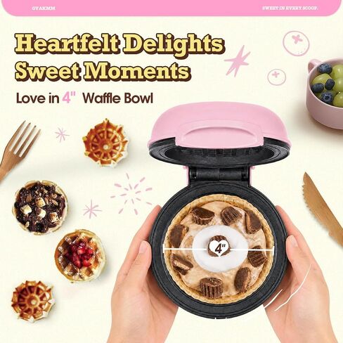 Mini Waffle Bowl Maker(Pink), 4'' Small Waffle Cup Machine for Ice Cream Sundaes, Taco Bowls & Desserts, 350W Fast Heating Non-Stick Wafflera, Compact Gift for Kids, Family & Breakfast in Saudi Arabia