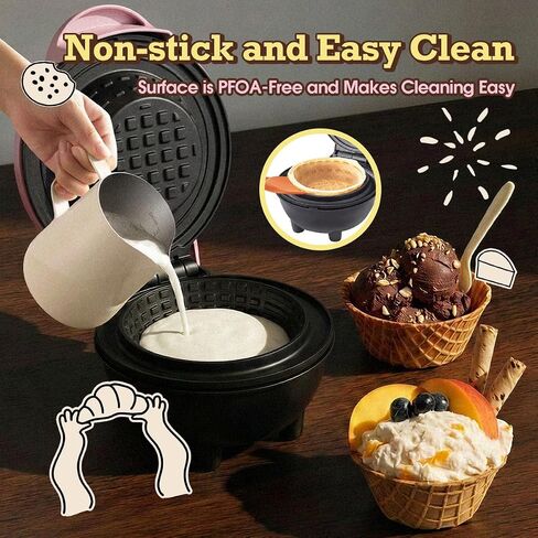 Mini Waffle Bowl Maker(Pink), 4'' Small Waffle Cup Machine for Ice Cream Sundaes, Taco Bowls & Desserts, 350W Fast Heating Non-Stick Wafflera, Compact Gift for Kids, Family & Breakfast in Saudi Arabia