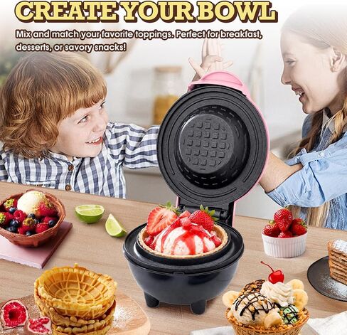 Mini Waffle Bowl Maker(Pink), 4'' Small Waffle Cup Machine for Ice Cream Sundaes, Taco Bowls & Desserts, 350W Fast Heating Non-Stick Wafflera, Compact Gift for Kids, Family & Breakfast in Saudi Arabia