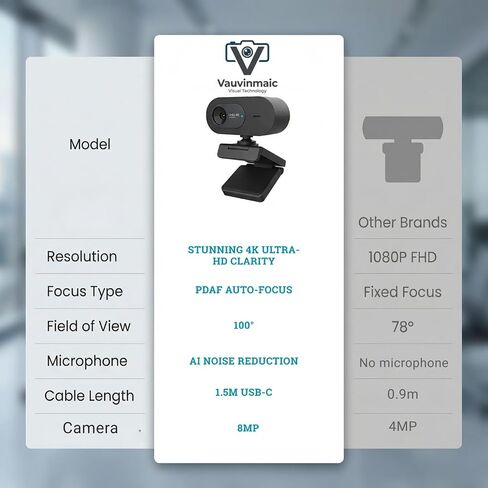 4K Webcam with Microphone, UHD Ultra-HD Computer Camera with Privacy Cover & Noise-Canceling Mic, 100° Wide Angle, USB Plug & Play Pro Desktop Web Cam for Zoom, Skype, Teams, Streaming in Saudi Arabia
