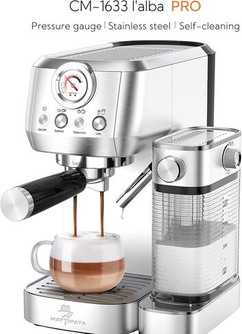 MAttinata 1633L Espresso Machine, Cappuccino Machine with Auto Milk Frother | 20 Bar Coffee Maker, Italian Pump, Fast Heating, Self Cleaning, Pressure Gauge, Latte Art, Compact for Home, Stainless Steel in Saudi Arabia
