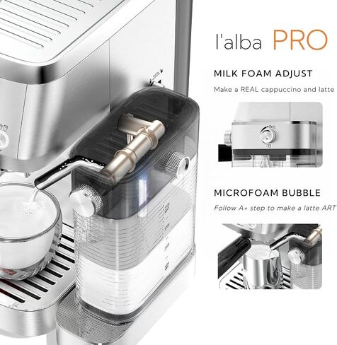 MAttinata 1633L Espresso Machine, Cappuccino Machine with Auto Milk Frother | 20 Bar Coffee Maker, Italian Pump, Fast Heating, Self Cleaning, Pressure Gauge, Latte Art, Compact for Home, Stainless Steel in Saudi Arabia