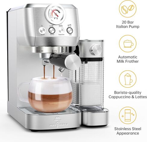 MAttinata 1633L Espresso Machine, Cappuccino Machine with Auto Milk Frother | 20 Bar Coffee Maker, Italian Pump, Fast Heating, Self Cleaning, Pressure Gauge, Latte Art, Compact for Home, Stainless Steel in Saudi Arabia