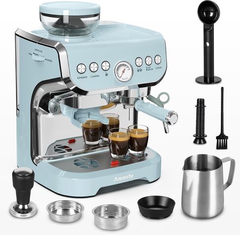 Amaste Espresso Machine with Grinder and Steam Wand, Retro Green | 15-bar pump, 15 grind settings, pre-infusion, pressure gauge and 68 oz tank for espresso, lattes and cappuccinos at home in Saudi Arabia