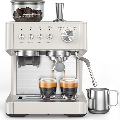 (2026 Upgrade) 20 Bar Espresso Machine with Built-in Anti-Clog Coffee Grinder, Expresso Coffee Machines with Milk Steam Wand/Frother/Tamping Tools,Espresso Maker with Grinder for Lattes-White in Saudi Arabia