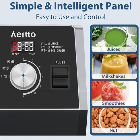 Aeitto Blenders for Kitchen 1800W Professional Countertop Blender, 68Oz Large Capacity Smoothie Blender with 3 Programs & 7 Speeds for Smoothies, Ice Crush, Frozen Drinks, Black in Saudi Arabia
