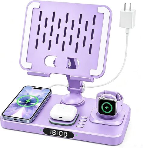 Wireless Charging Station for Apple Devices, Only for Apple Watch Charging | Included Type-C Cable for Tablet Charging, Foldable Wireless Charging Station, 7 Cycling Ambient Lights, Time Clock Display in Saudi Arabia