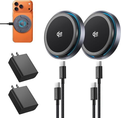 THREEKEY Qi2.2 25W Magnetic Wireless Charger with Cooling Fan | Fast Charging Pad for iPhone 17/16/15/14/13/12 Pro Max and AirPods, 6.6 ft Cables, 35W Adapters Included for Desk(2Pack) in Kuwait