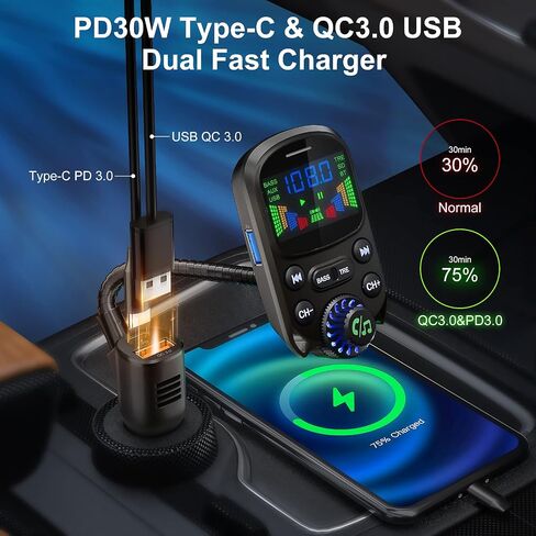 Bluetooth 5.3 FM Transmitter for Car Bluetooth Car Adapter | PD30W & USB Fast Charge, HiFi Treble & Bass Player, 1.6"Display Hands-Free Calling Truck Radio with AUX Input/Output, TF Card in Saudi Arabia
