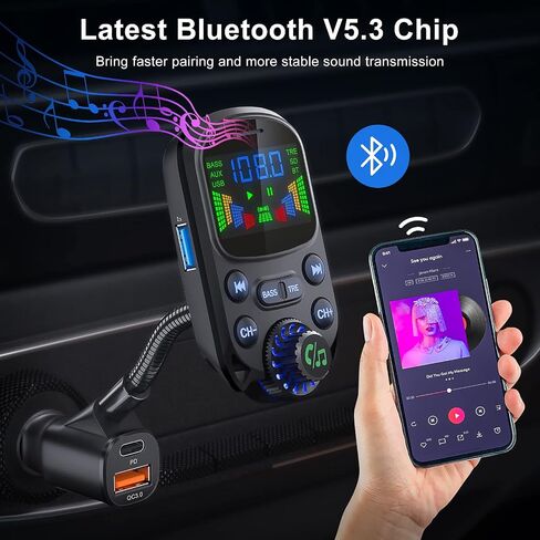 Bluetooth 5.3 FM Transmitter for Car Bluetooth Car Adapter | PD30W & USB Fast Charge, HiFi Treble & Bass Player, 1.6"Display Hands-Free Calling Truck Radio with AUX Input/Output, TF Card in Saudi Arabia