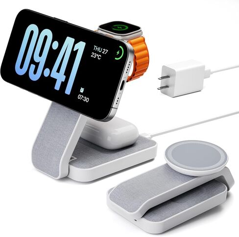 Eazpower 3 in 1 Foldable Wireless Charging Station for MagSafe, Nightstand Magnetic Charger Stand for iPhone 17 16 15 14 Pro Max, Travel Charging Dock with Night Light for Apple Watch/AirPods (Gray) in Saudi Arabia