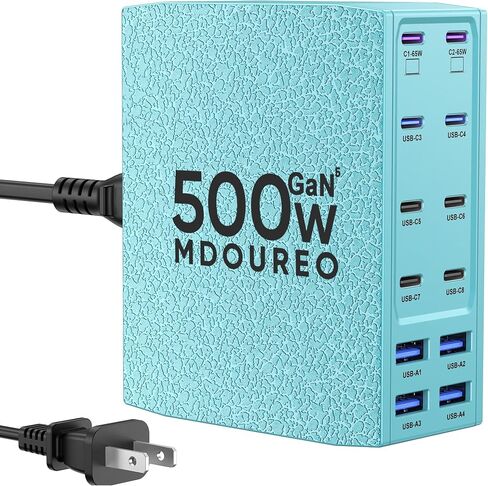 500W USB C Charger Block, MDOUREO Charging Station for Multiple Devices | 12-Port Leather Texture Dual PD 65W Laptop Fast Charger Compatible with MacBook Pro/Air, iPad, iPhone,Galaxy, Black in Saudi Arabia
