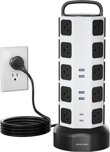 JACKYLED Power Strip Tower Surge Protector, 20 AC 6 USB (2 USB C), 1050J | 6.5Ft Retractable Extension Cord with Multiple Outlets, 1625W/13A Outlet Extender, USB Charging Station for Home Office Dorm in Saudi Arabia