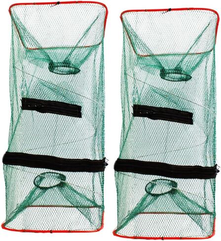 2 Pack Foldable Fishing Bait Trap Nets for Minnows and Crawfish | Featuring Dual Funnel Entrances Main Zippered Opening and Portable Mesh Design for Shrimp Bait Fish in Freshwater Collection in Saudi Arabia
