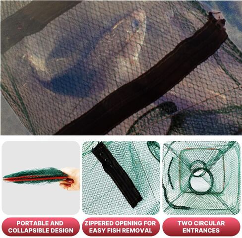 2 Pack Foldable Fishing Bait Trap Nets for Minnows and Crawfish | Featuring Dual Funnel Entrances Main Zippered Opening and Portable Mesh Design for Shrimp Bait Fish in Freshwater Collection in Saudi Arabia