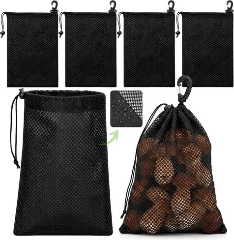 6 Pack 9''x12'' Mesh Foraging Bags with Clip, Drawstring Harvesting Bags with Toggle Closure, Mushroom Hunting Pouch for Shell & Rock Collecting, Hiking, Outdoor, Gym Storage, Camping (Black) in Kuwait