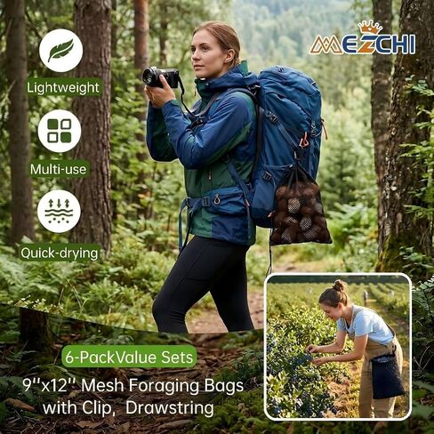 6 Pack 9''x12'' Mesh Foraging Bags with Clip, Drawstring Harvesting Bags with Toggle Closure, Mushroom Hunting Pouch for Shell & Rock Collecting, Hiking, Outdoor, Gym Storage, Camping (Black) in Kuwait