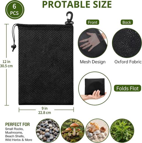 6 Pack 9''x12'' Mesh Foraging Bags with Clip, Drawstring Harvesting Bags with Toggle Closure, Mushroom Hunting Pouch for Shell & Rock Collecting, Hiking, Outdoor, Gym Storage, Camping (Black) in Kuwait