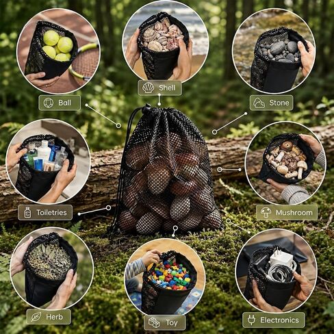 6 Pack 9''x12'' Mesh Foraging Bags with Clip, Drawstring Harvesting Bags with Toggle Closure, Mushroom Hunting Pouch for Shell & Rock Collecting, Hiking, Outdoor, Gym Storage, Camping (Black) in Kuwait