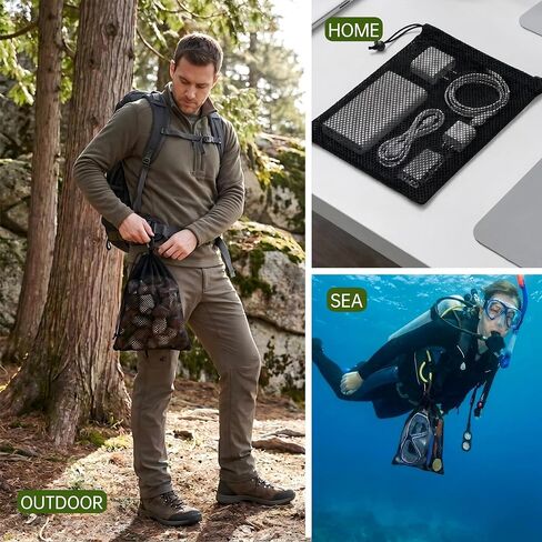 6 Pack 9''x12'' Mesh Foraging Bags with Clip, Drawstring Harvesting Bags with Toggle Closure, Mushroom Hunting Pouch for Shell & Rock Collecting, Hiking, Outdoor, Gym Storage, Camping (Black) in Kuwait