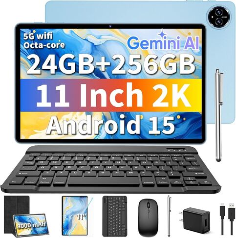 جهاز لوحي Android 15 مزود بلوحة مفاتيح - جهاز لوحي مقاس 11 بوصة بسعة 24 جيجابايت + 256 جيجابايت + 2 تيرابايت توسيع | تابلت إلكتروني 2026 مزود بتقنية Gemini AI، 8 النواة، 5G WiFi، 8000 مللي أمبير، GPS، GMS، كمبيوتر لوحي 2 في 1 مع حافظة، ماوس، قلم (أسود) in Kuwait