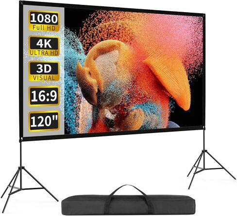 120inch Projector Screen with Stand, Portable Movie Screen Indoor Outdoor | 16:9 4K HD Anti-Wrinkle Foldable Screen, 160° View, Front & Rear Projection, Carry Bag Fixed Water Bag, Backyard Movie Night in Saudi Arabia
