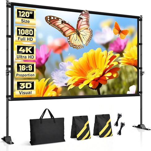 120 inch Outdoor Projector Screen with Stand, Portable Projector Screen Outdoor with Sand Bag, 16:9 4K HD Movie Screen with Carry Bag for Backyard, Camping, Theater in Kuwait