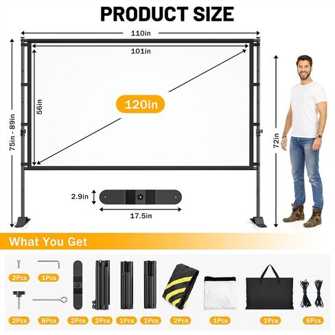120 inch Outdoor Projector Screen with Stand, Portable Projector Screen Outdoor with Sand Bag, 16:9 4K HD Movie Screen with Carry Bag for Backyard, Camping, Theater in Kuwait