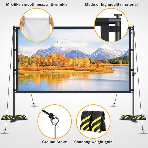 120 inch Outdoor Projector Screen with Stand, Portable Projector Screen Outdoor with Sand Bag, 16:9 4K HD Movie Screen with Carry Bag for Backyard, Camping, Theater in Kuwait