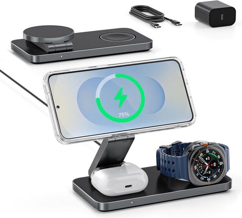 Qi2 25W Magnetic Wireless Charger for Samsung, 3 in 1 Fast Charging Station Compatible with MagSafe for Galaxy S26/S25/S24/S23/Ultra/Plus/Z Fold/Flip 8, Watch Ultra/8/7/6/5 & Buds with 35W Adapter in Saudi Arabia