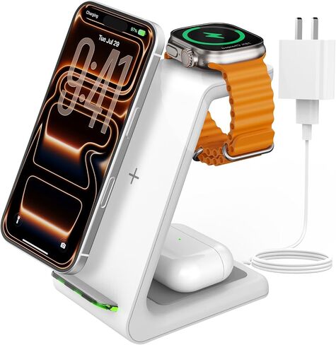 Charging Station for iPhone and Apple Watch: 3 in 1 Wireless Phone Charger Stand for iPhone 17 16 15 14 13 12 11 Pro Max & AirPods, Bedside Nightstand Docking in Saudi Arabia