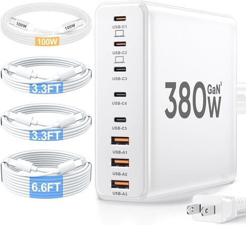 كتلة شاحن USB C بقدرة 380 وات مع 4 كابلات USB ومحطة شحن مزدوجة 100 وات | محطة شحن USB C ذات 8 منافذ، شاحن كمبيوتر محمول من النوع C، كتلة شحن سريعة لجهاز MacBook Pro in Kuwait