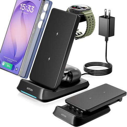 KPON 3 in 1 Charging Station for Samsung, Wireless Charger for Thick Cases, Foldable Phone and Watch Charger Stand for Galaxy S26/S25/S25 Ultra/S24/Z Fold/Android Devices, Galaxy Watch and Earbuds in Saudi Arabia