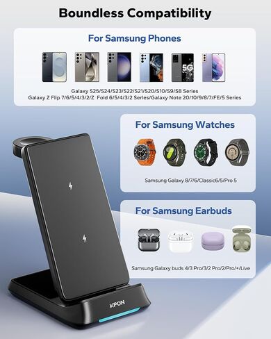 KPON 3 in 1 Charging Station for Samsung, Wireless Charger for Thick Cases, Foldable Phone and Watch Charger Stand for Galaxy S26/S25/S25 Ultra/S24/Z Fold/Android Devices, Galaxy Watch and Earbuds in Saudi Arabia