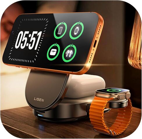 LISEN [Ultra-Fast 25W] 3-in-1 Charging Station for Apple, Qi2.2 25W Foldable Wireless MagSafe Charger Stand for iPhone 17/16/15/14/13 Pro Max, Apple Watch&AirPods, Travel Portable with 45W Adapter | [3 in 1 Qi2.2 25W Fast Charging] Wireless Charger iPhone in Kuwait